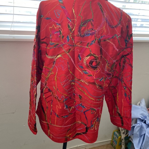 Chico’s red silk embroidery magnificent color’s beautiful shirt button down - Picture 2 of 8